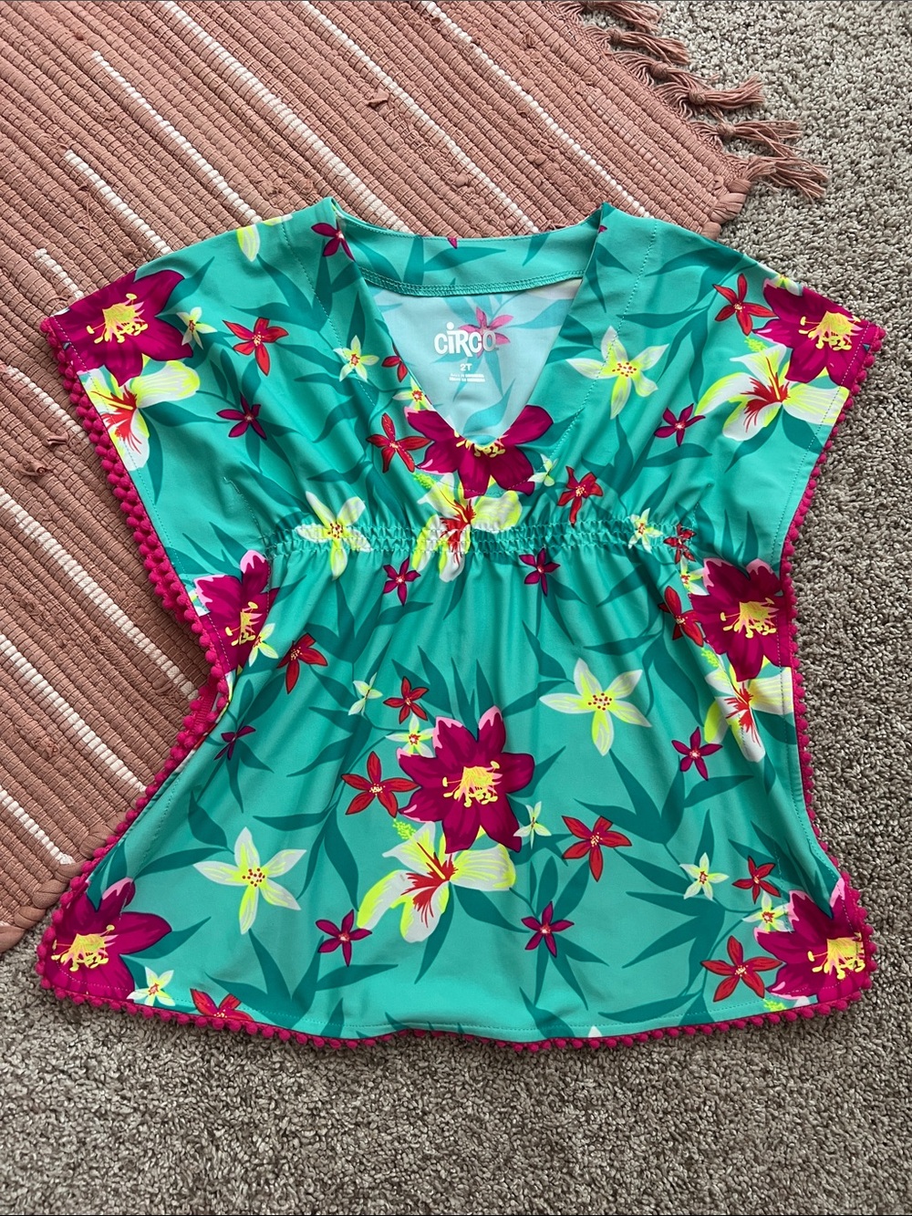 Circo Teal Floral Girls' Blouse with Magenta Trim